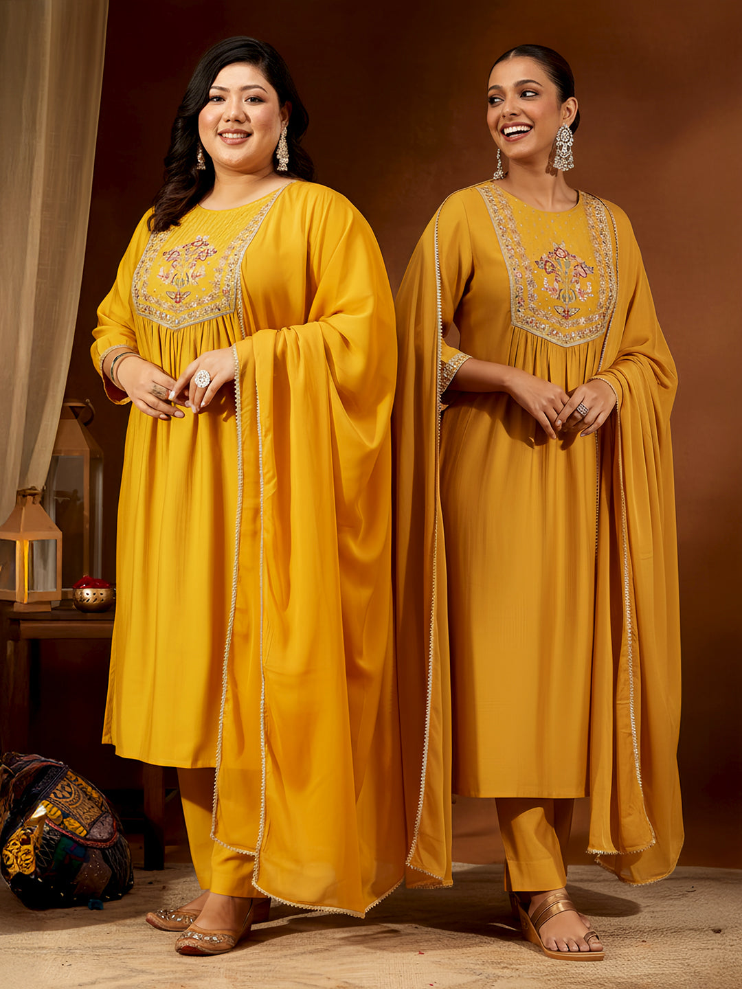 Naari By Shree Women's Mustard Silk Blend Embroidered Straight Kurta Set