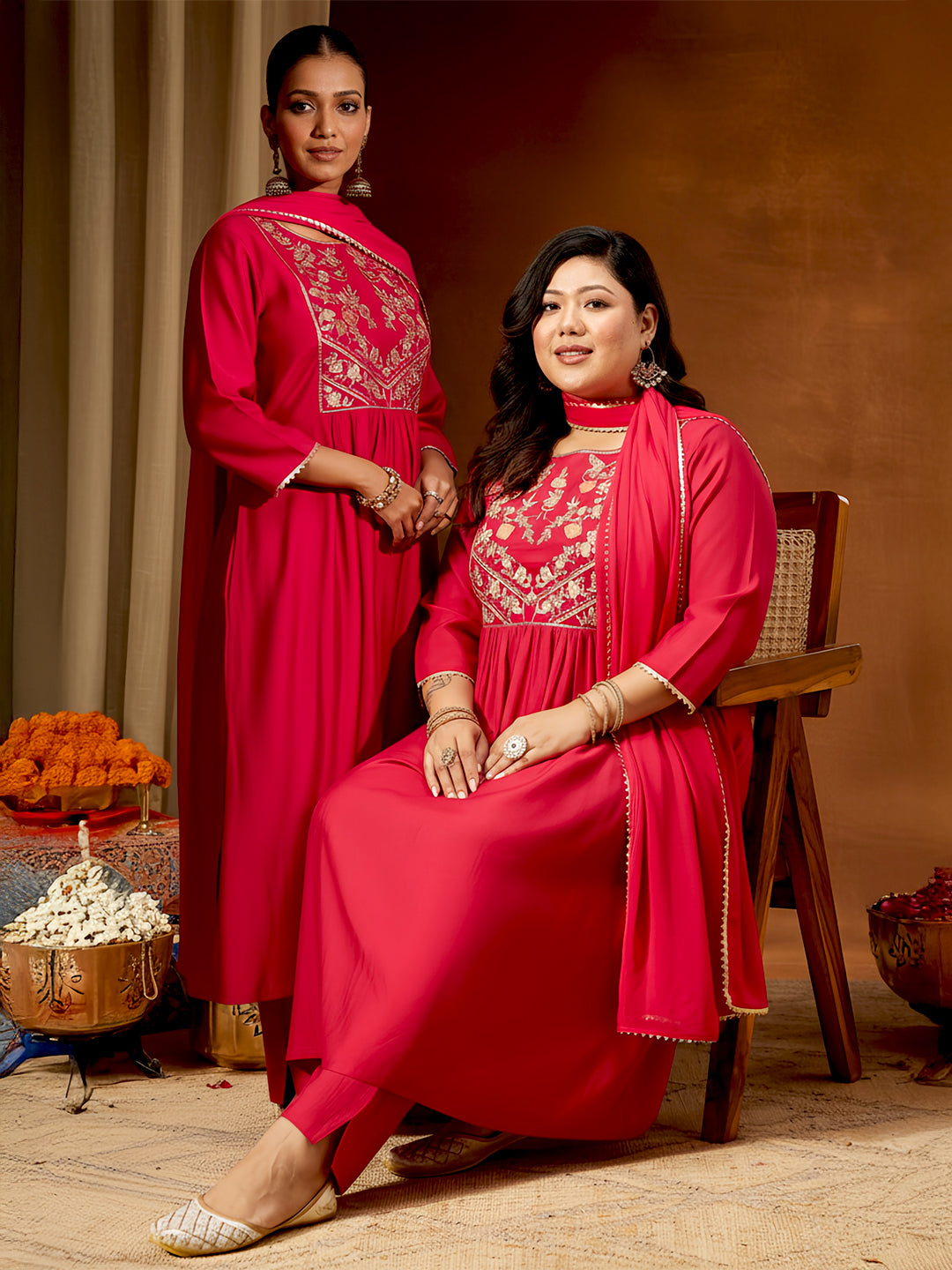 Naari By Shree Women's Plus Size Pink Silk Blend Yoke Embroidered A-line Kurta Set