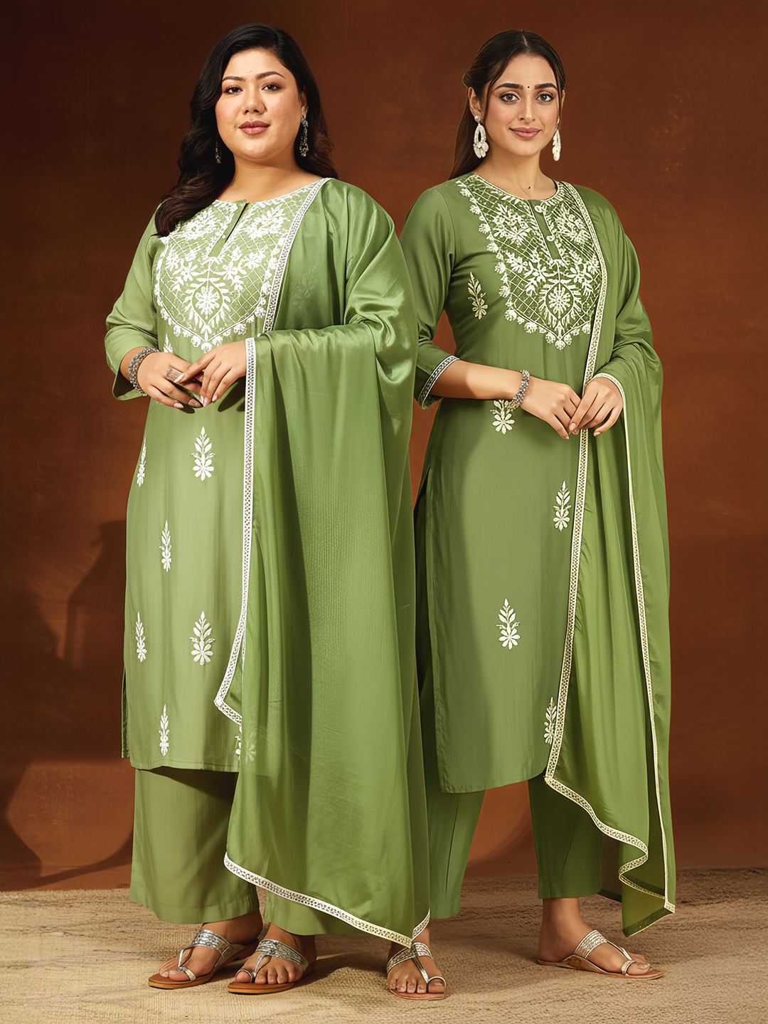 Naari By Shree Women's Plus Size Sage Green Silk Blend Embroidered Straight Kurta Set