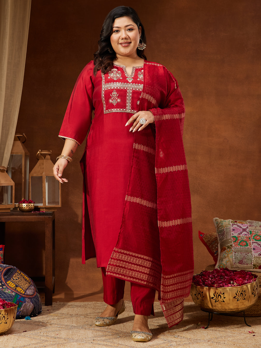 Naari By Shree Women's Maroon Chanderi Silk Yoke Embroidered Straight Kurta Set