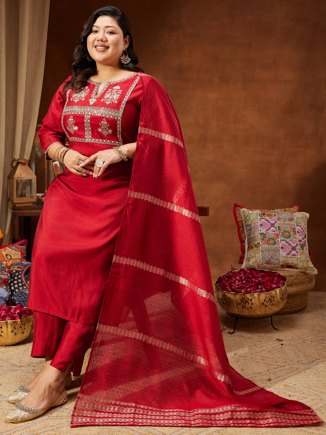 Naari By Shree Women's Maroon Chanderi Silk Yoke Embroidered Straight Kurta Set