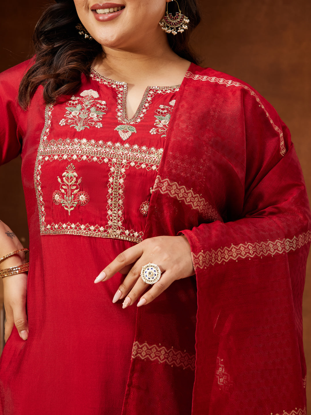 Naari By Shree Women's Maroon Chanderi Silk Yoke Embroidered Straight Kurta Set