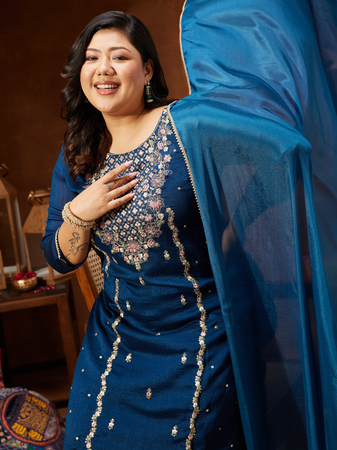 Naari By Shree Women's Plus Size Teal Blue Silk Blend Zari Embroidered Straight Kurta Set