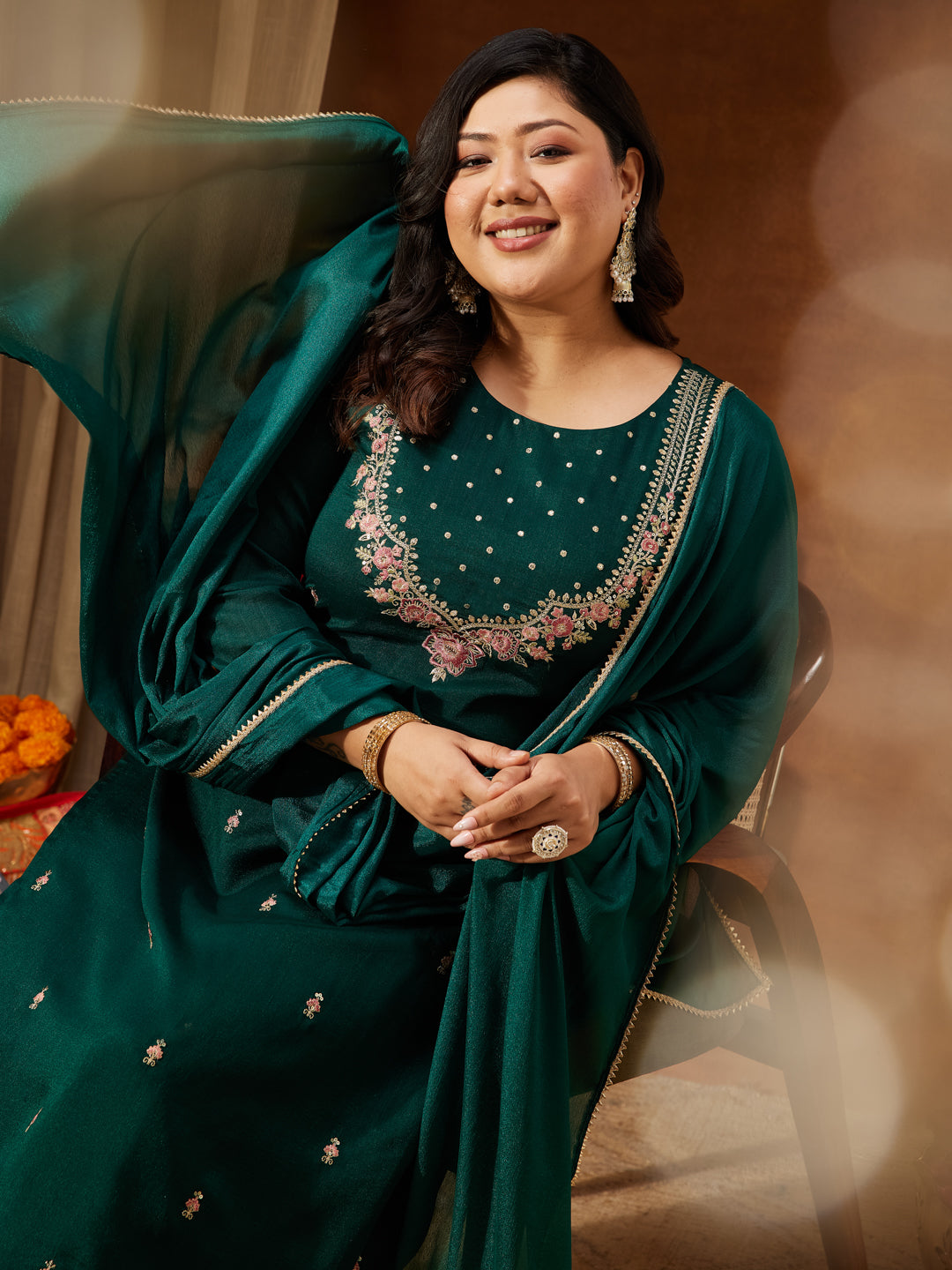 Naari By Shree Women's Plus Size Bottle Green Silk Blend Zari Embroidered Straight Kurta Set