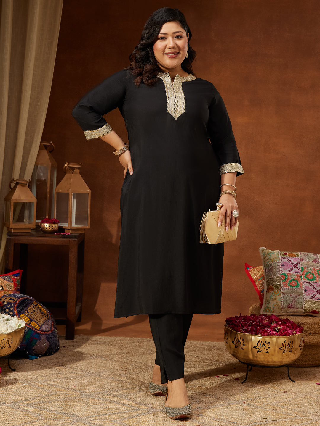 Naari By Shree Women's Plus Size Black Chanderi Silk Embellished Yoke Design Straight Kurta Pant Set