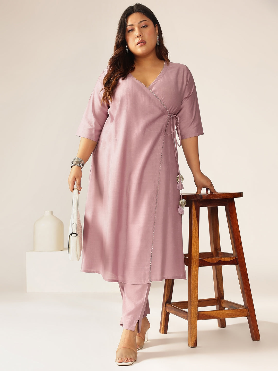 Naari By Shree Plus Size Lavender Silk Blend Solid Angrakha Kurta Set