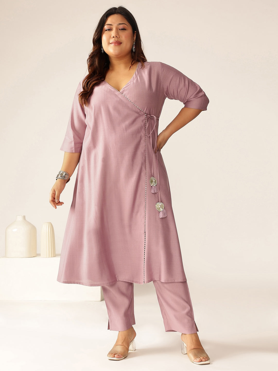 Naari By Shree Plus Size Lavender Silk Blend Solid Angrakha Kurta Set