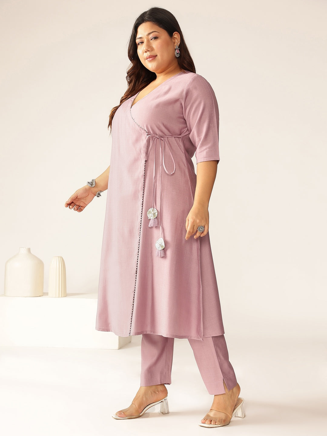 Naari By Shree Plus Size Lavender Silk Blend Solid Angrakha Kurta Set