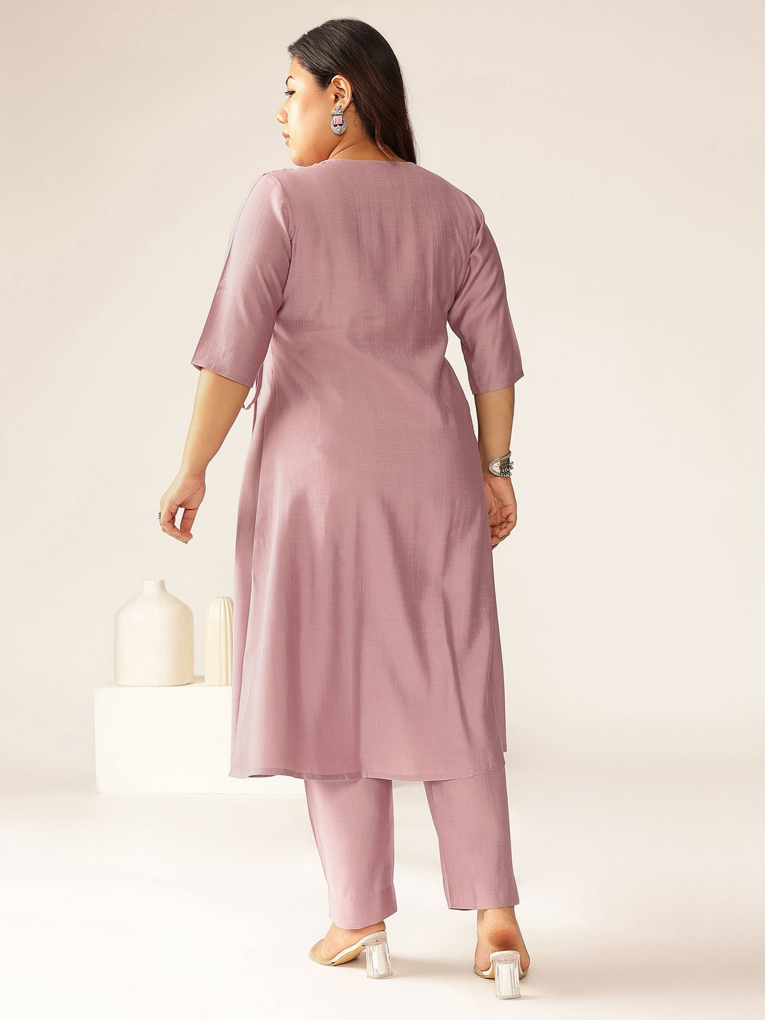 Naari By Shree Plus Size Lavender Silk Blend Solid Angrakha Kurta Set