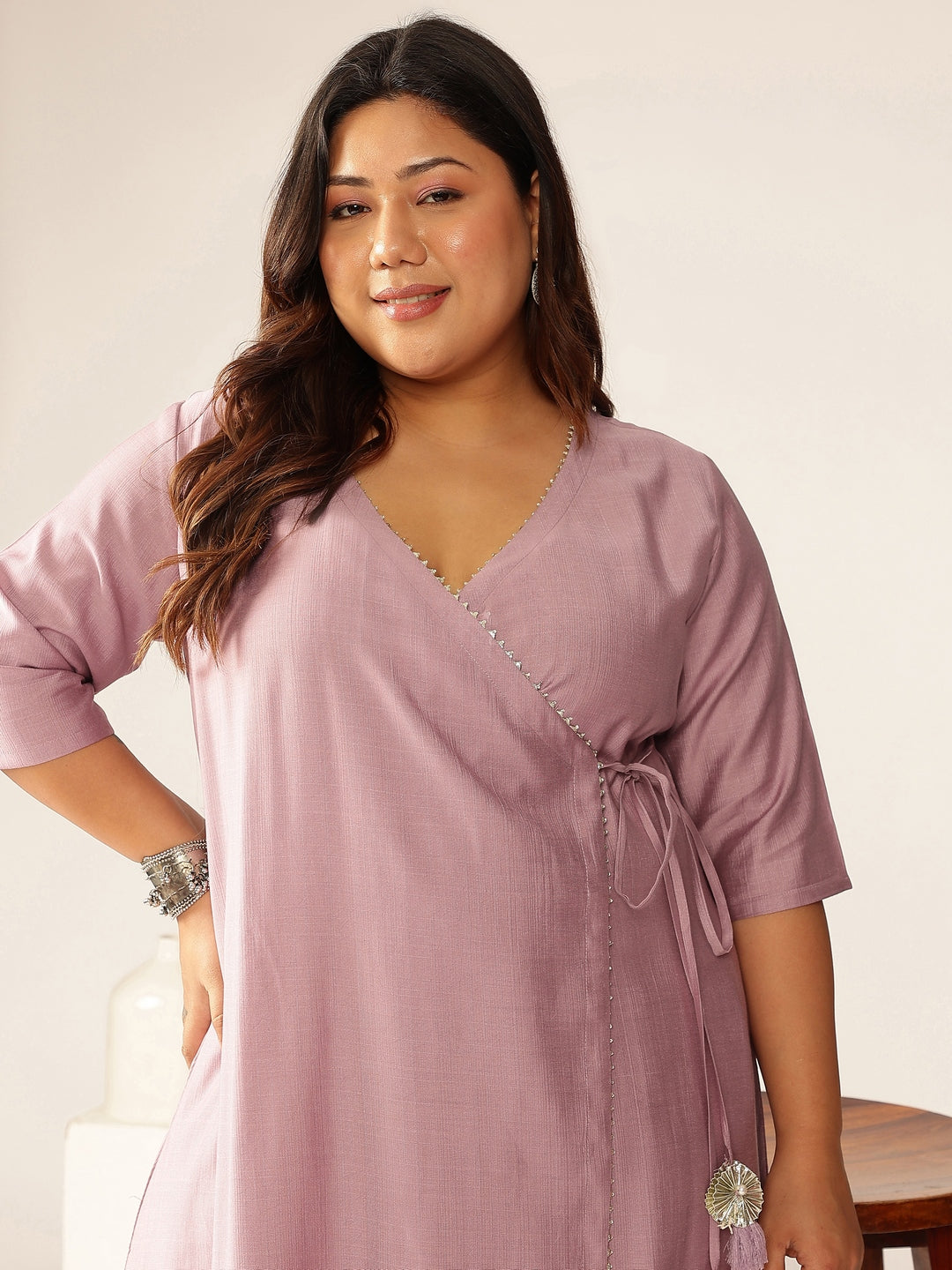 Naari By Shree Plus Size Lavender Silk Blend Solid Angrakha Kurta Set