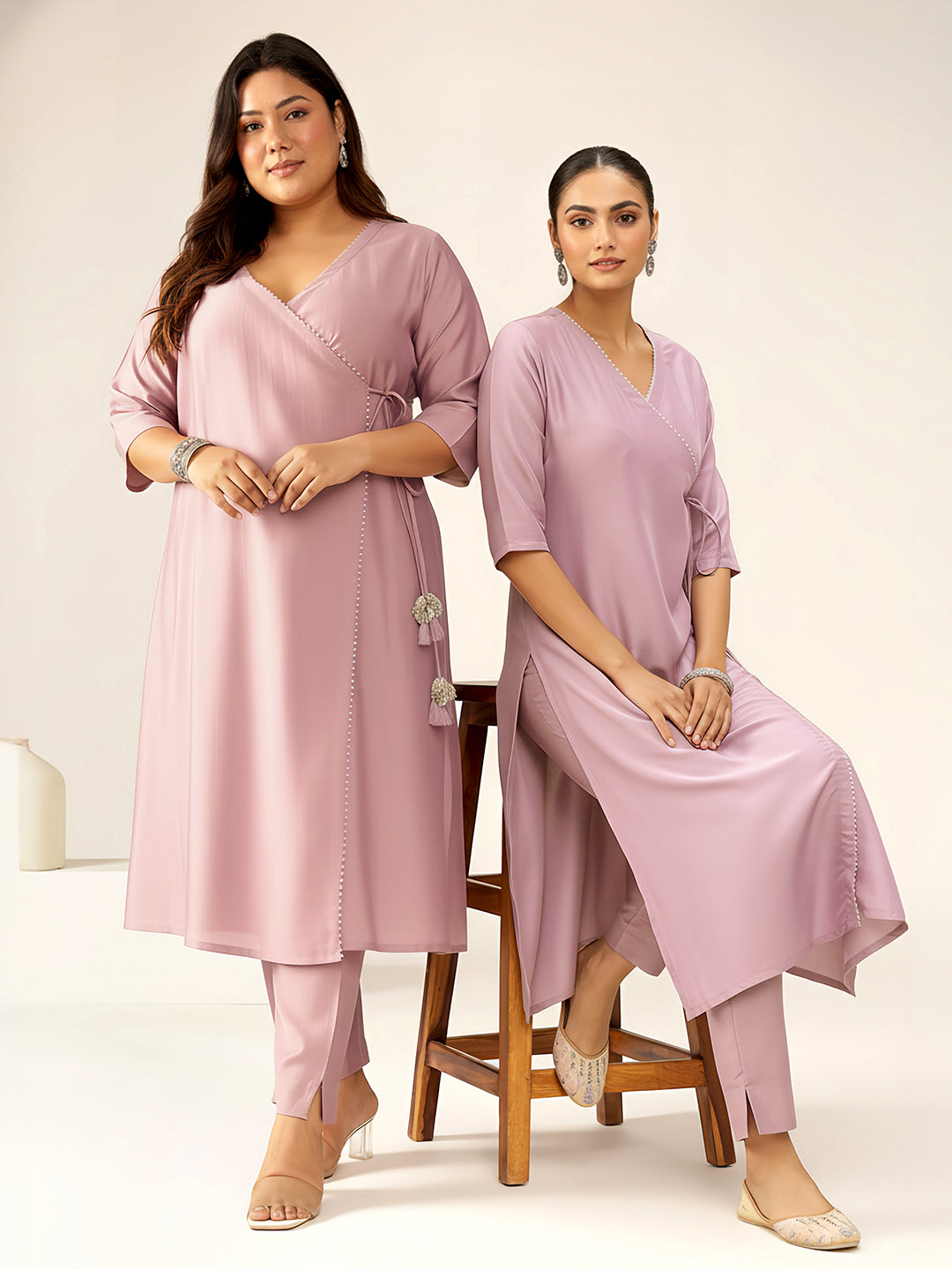 Naari By Shree Plus Size Lavender Silk Blend Solid Angrakha Kurta Set