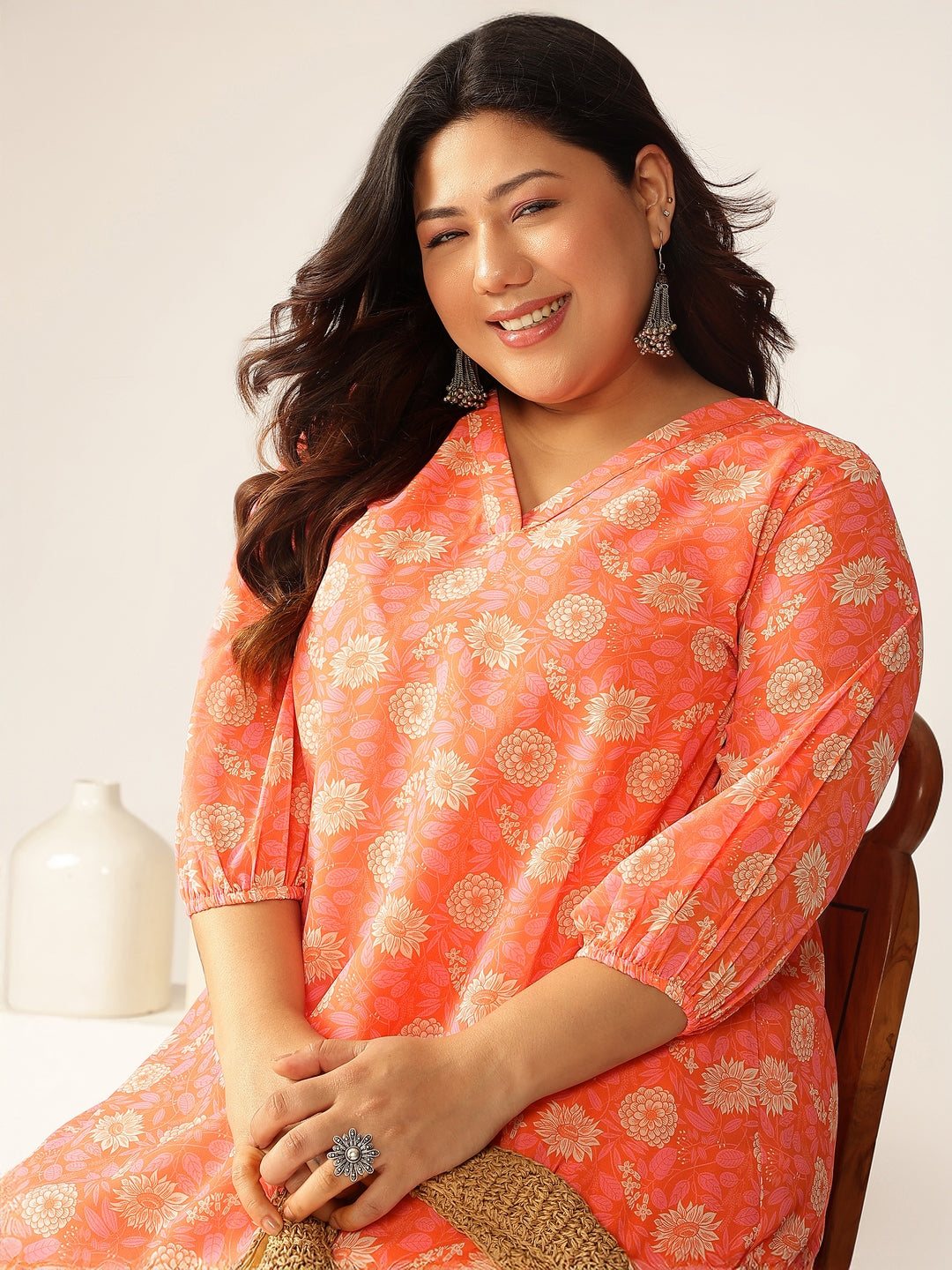 Naari By Shree Plus Size Peach Georgette Floral Printed A-line Tunic