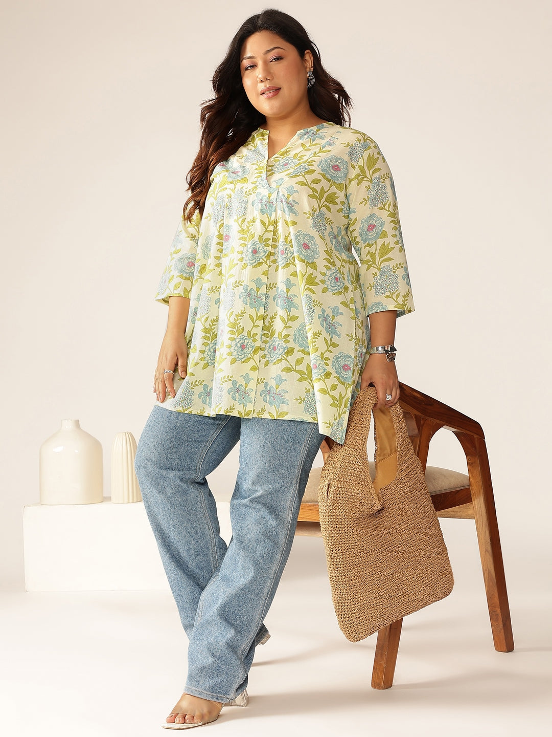 Naari By Shree Plus Size Off White Pure Cotton Floral Printed A-line Tunic
