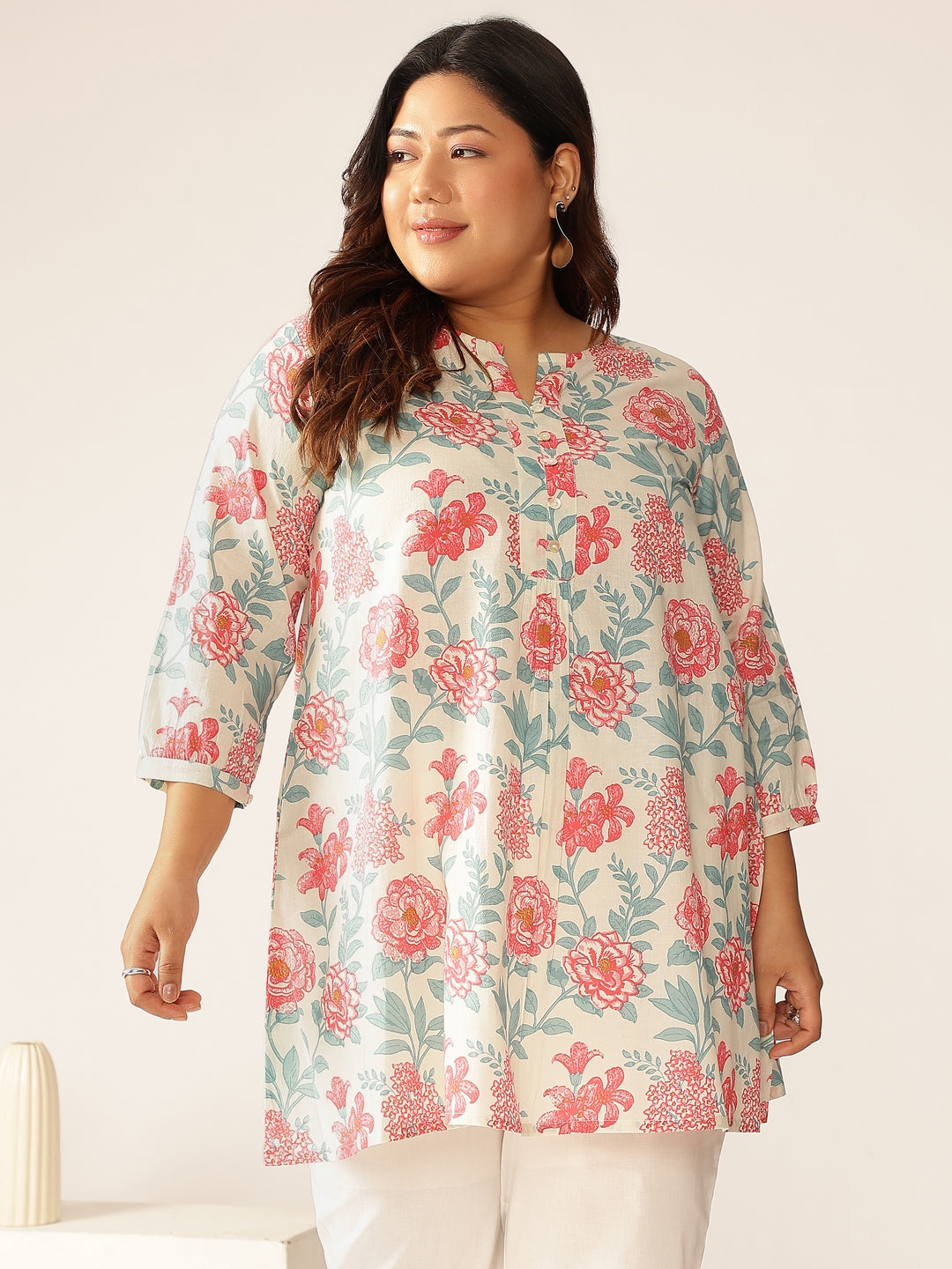 Naari By Shree Plus Size Off White Pure Cotton Floral A-line Tunic