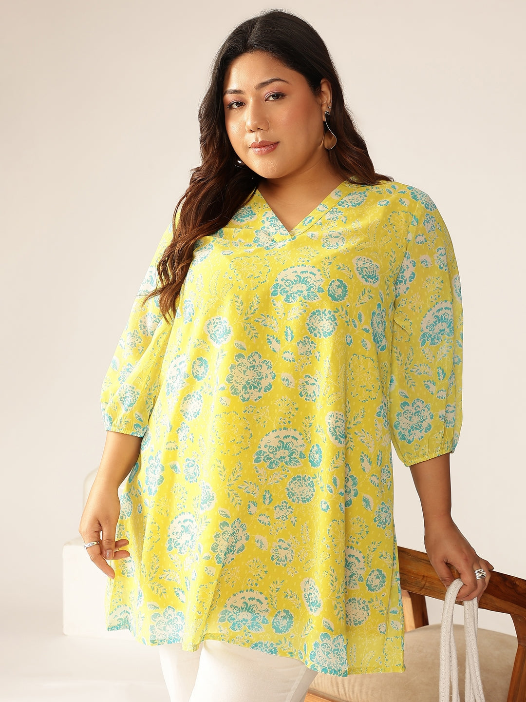 Naari By Shree Plus Size Lime Yellow Georgette Floral Printed A-line Tunic