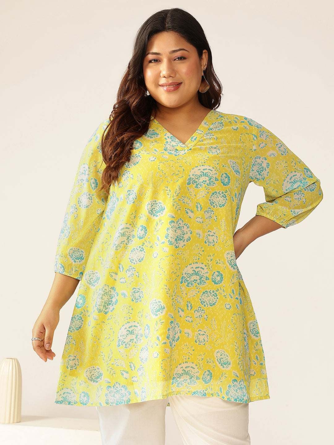 Naari By Shree Plus Size Lime Yellow Georgette Floral Printed A-line Tunic