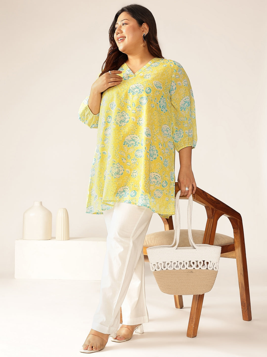 Naari By Shree Plus Size Lime Yellow Georgette Floral Printed A-line Tunic