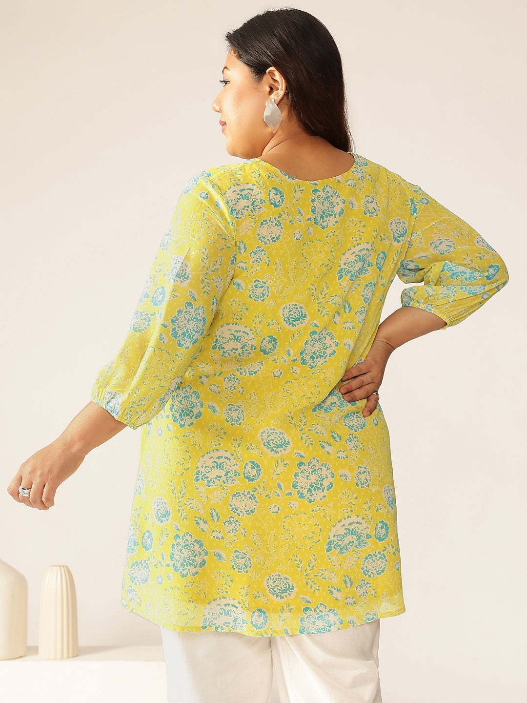 Naari By Shree Plus Size Lime Yellow Georgette Floral Printed A-line Tunic