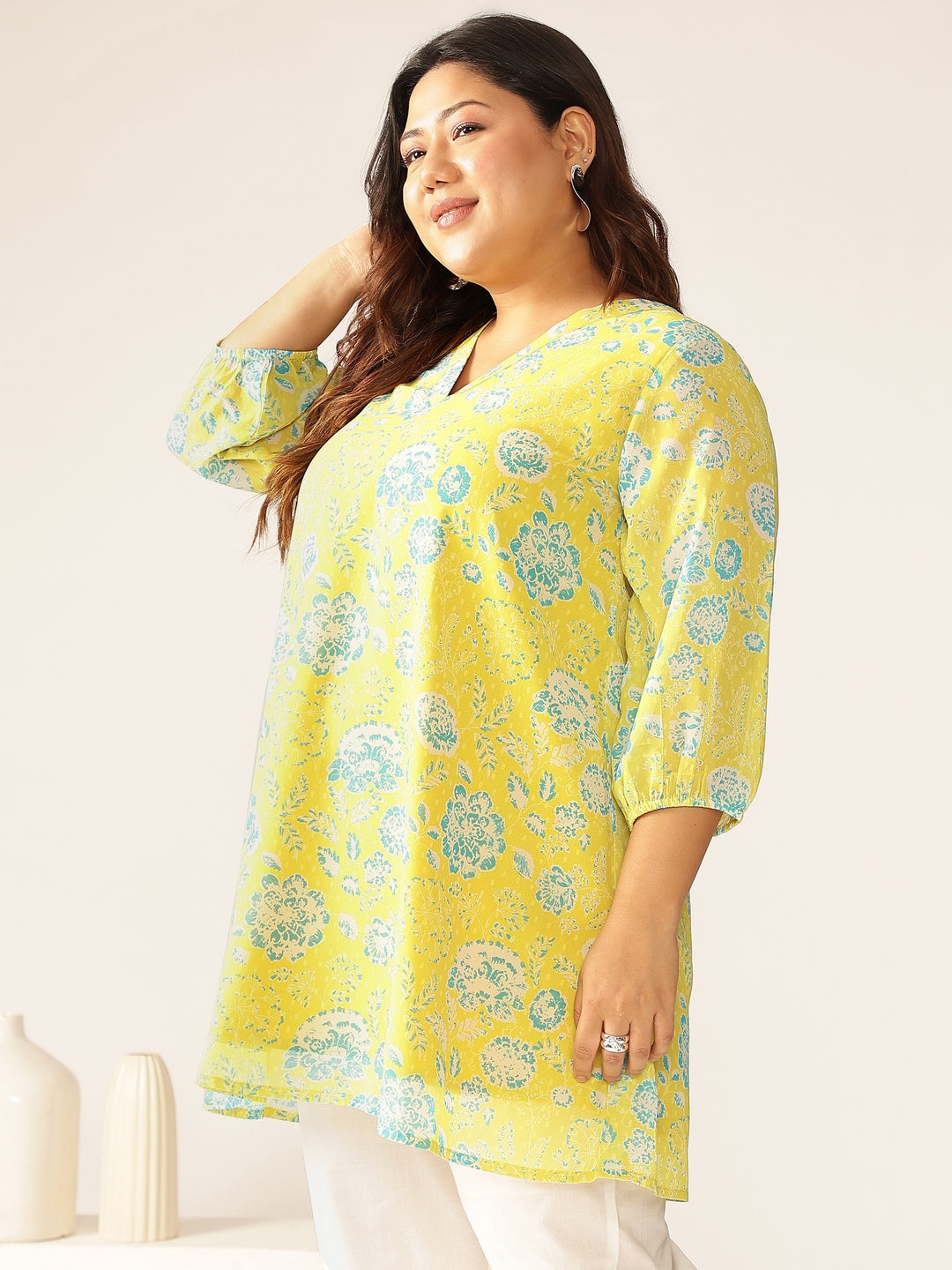 Naari By Shree Plus Size Lime Yellow Georgette Floral Printed A-line Tunic