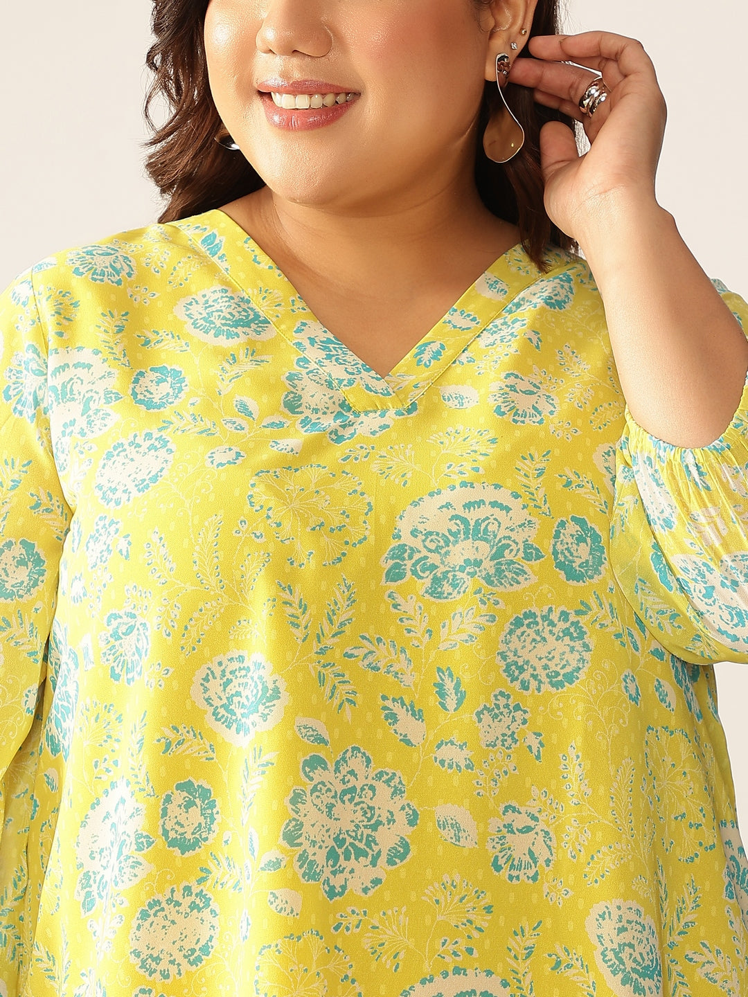 Naari By Shree Plus Size Lime Yellow Georgette Floral Printed A-line Tunic