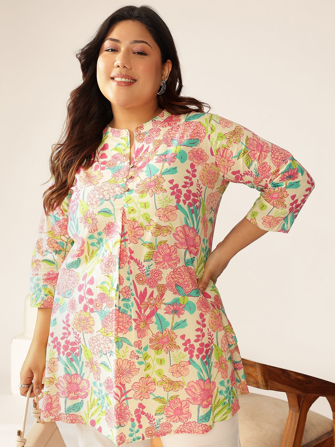 Naari By Shree Plus Size Cream Pure Cotton Floral Printed A-line Tunic