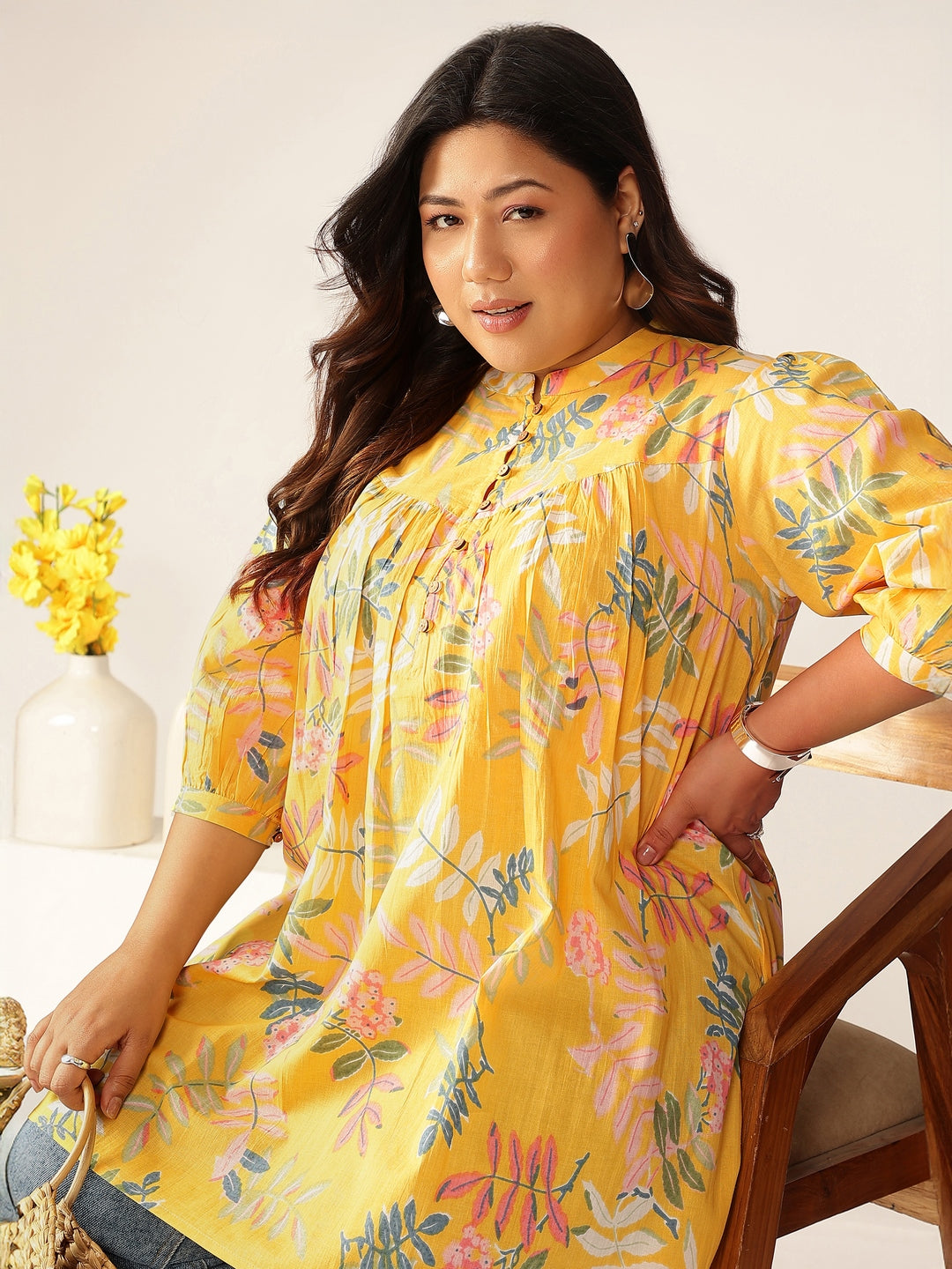 Naari By Shree Plus Size Yellow Pure Cotton Tropical Printed A-line Tunic