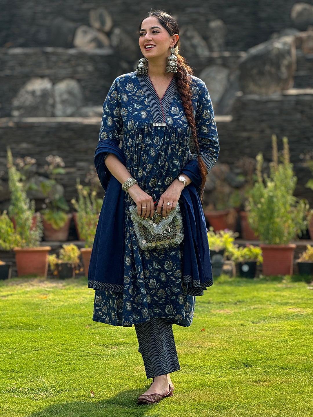Naari By Shree Navy Blue Pure Cotton Floral Printed A-line Kurta Pant With Dupatta Set