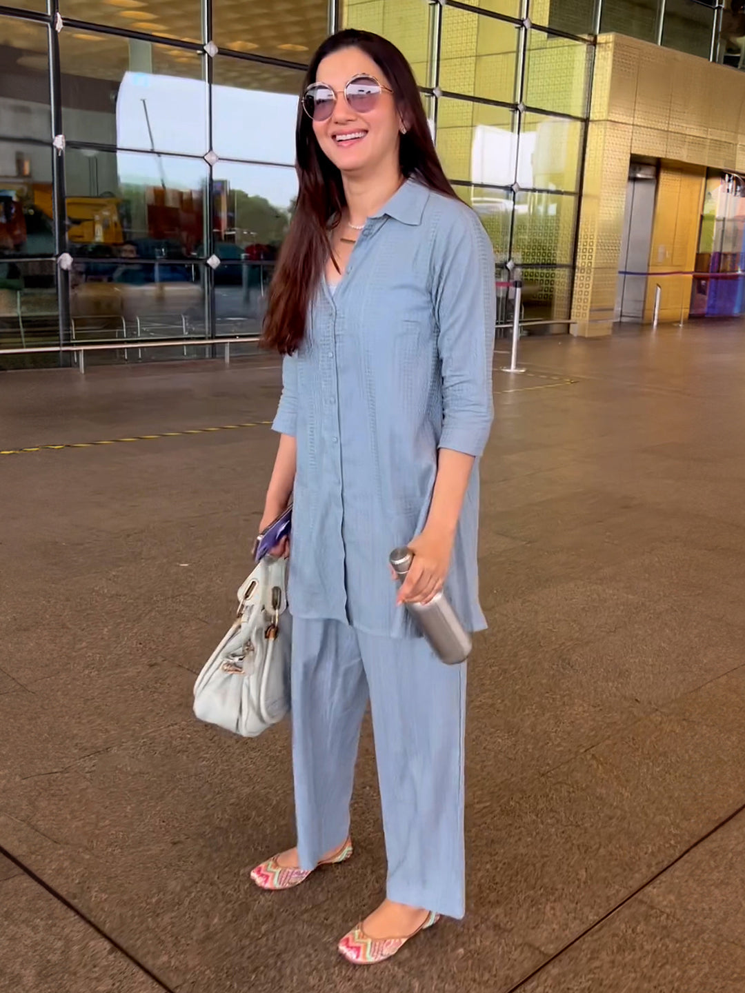 Naari By Shree Light Blue Cotton Jacquard Self Design Shirt Co-ord Set