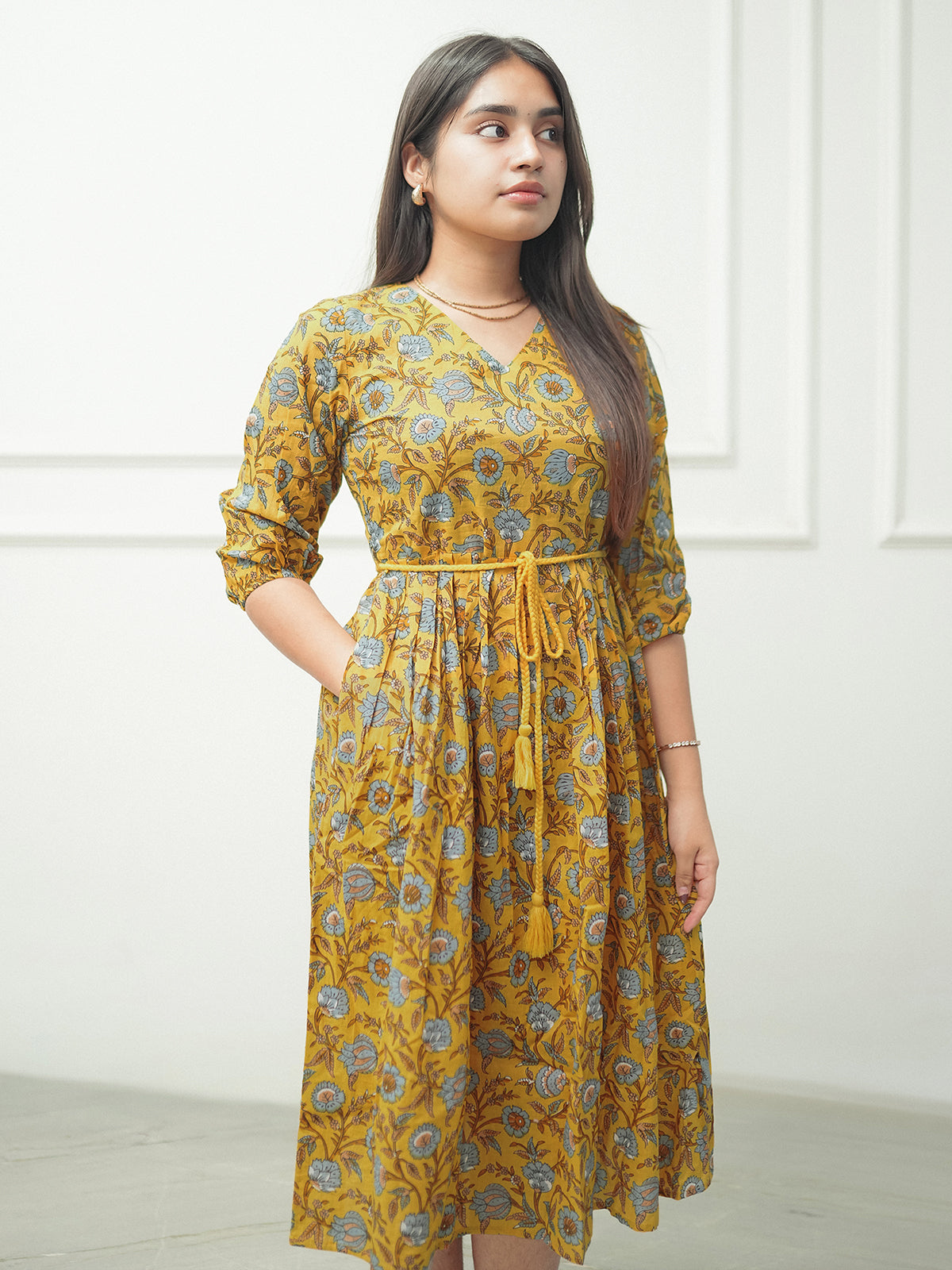 Naari By Shree Yellow Pure Cotton Floral Printed A-line Dress