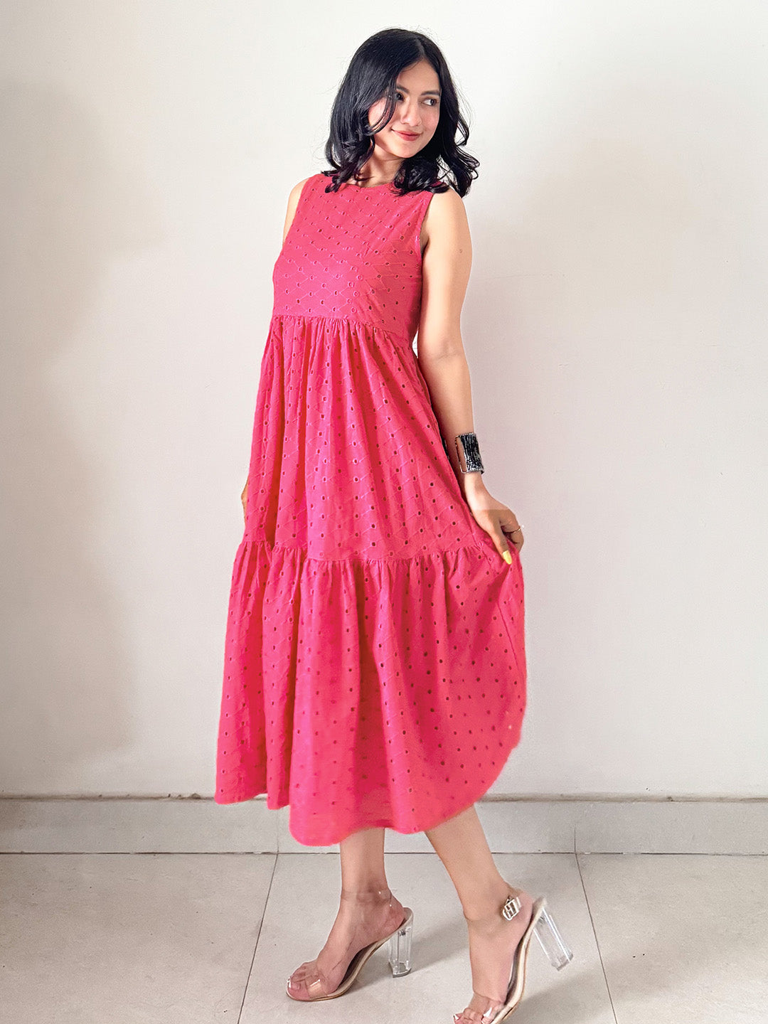 Naari By Shree Women's Pink Pure Cotton Schiffli Tiered Dress