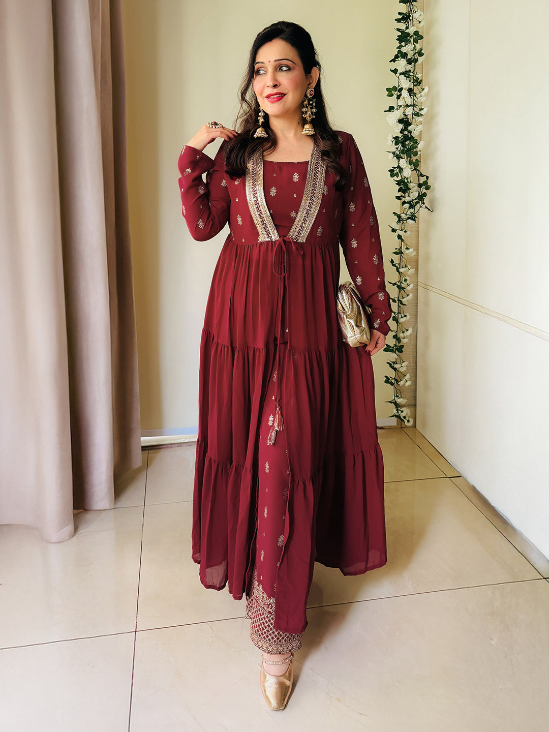 Naari By Shree Women's Maroon Georgette Embellished Foil Printed Front-open Tiered Kurta Pant Set