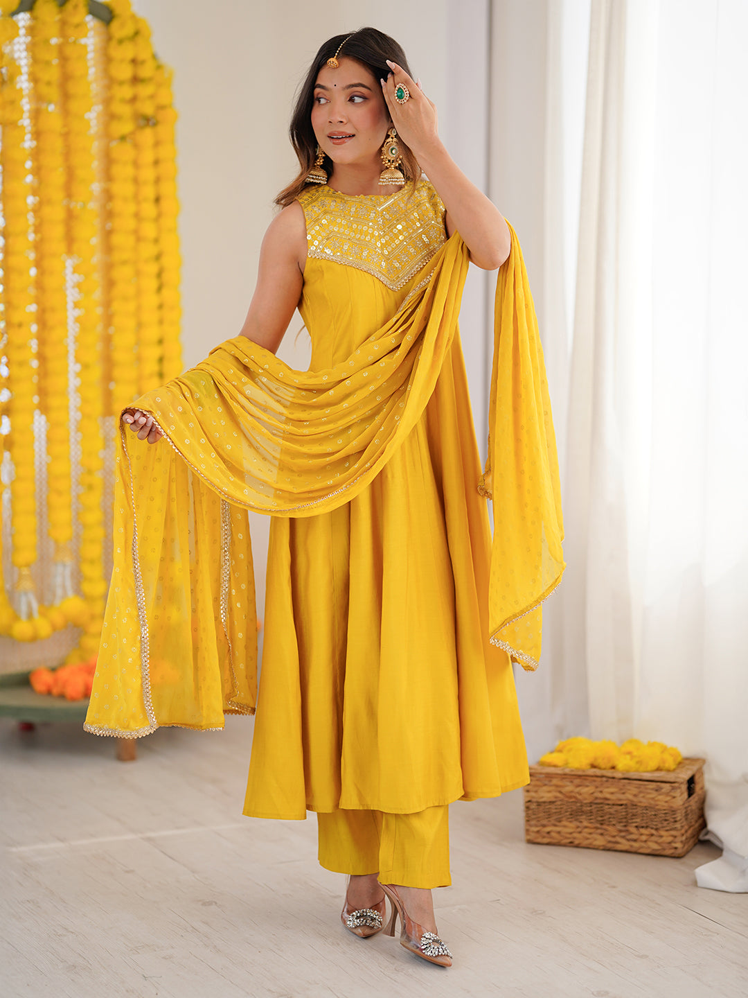 Naari By Shree Women Yellow Chanderi Silk Embellished Anarkali Kurta Set With Dupatta