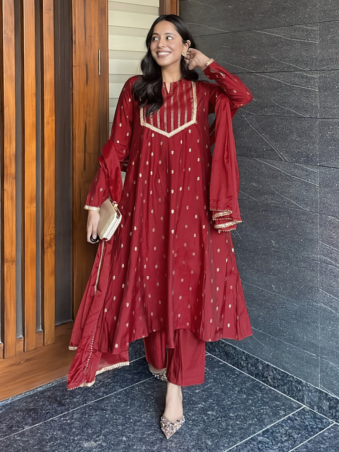 Naari By Shree Women's Maroon Chanderi Silk Embellished Gold Printed Anarkali Kurta Set