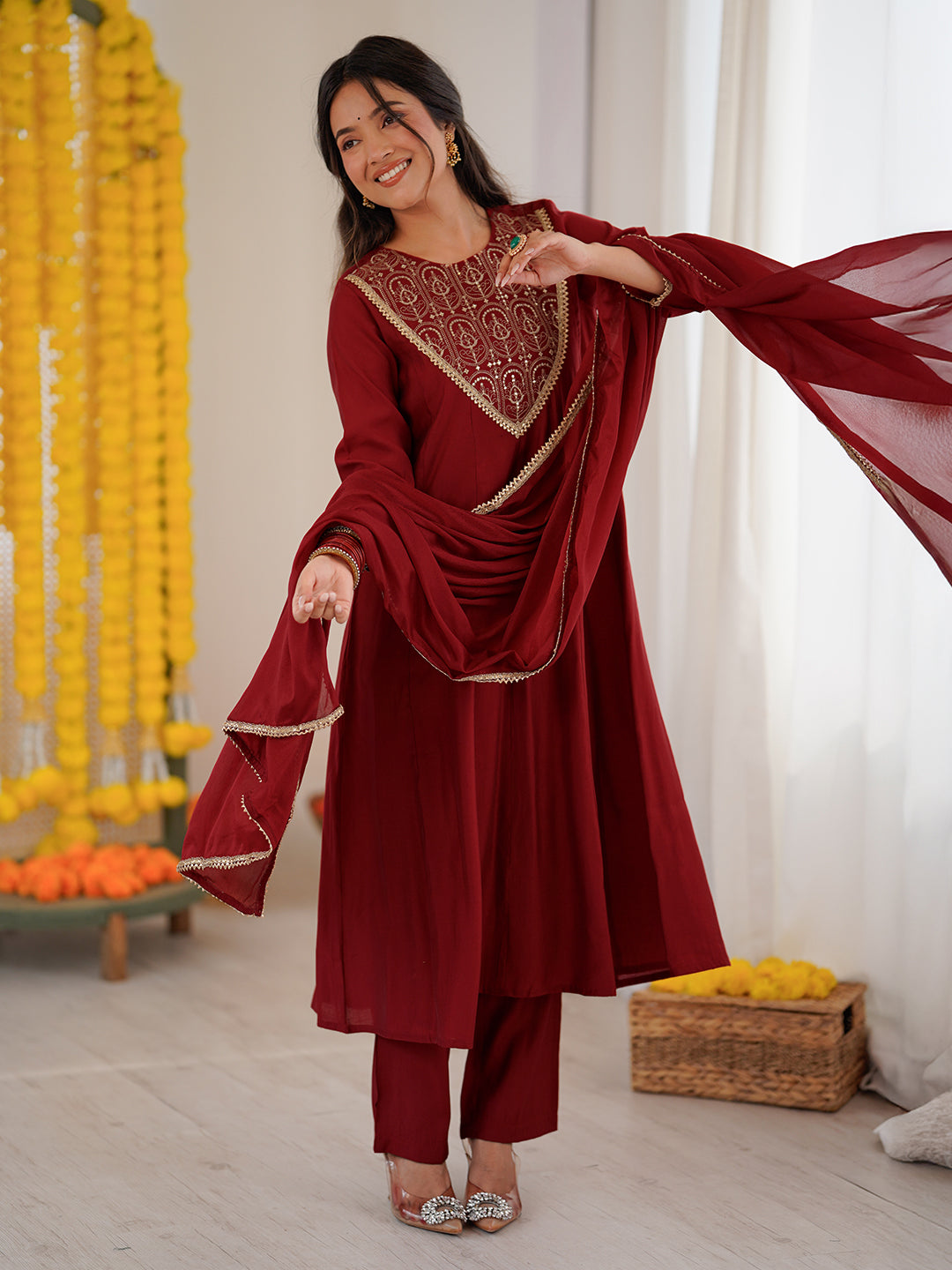 Naari By Shree Women's Maroon Chanderi Silk Embroidered Anarkali Kurta Set