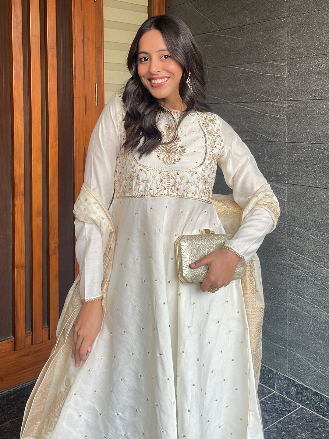 Naari By Shree Women's Off White Chanderi Silk Embroidered A-line Kurta Set