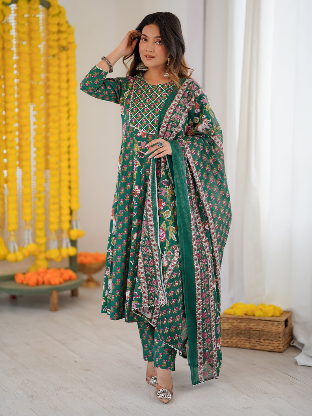 Naari By Shree Women's Green Pure Cotton Floral Printed Yoke Design Anarkali Kurta Set