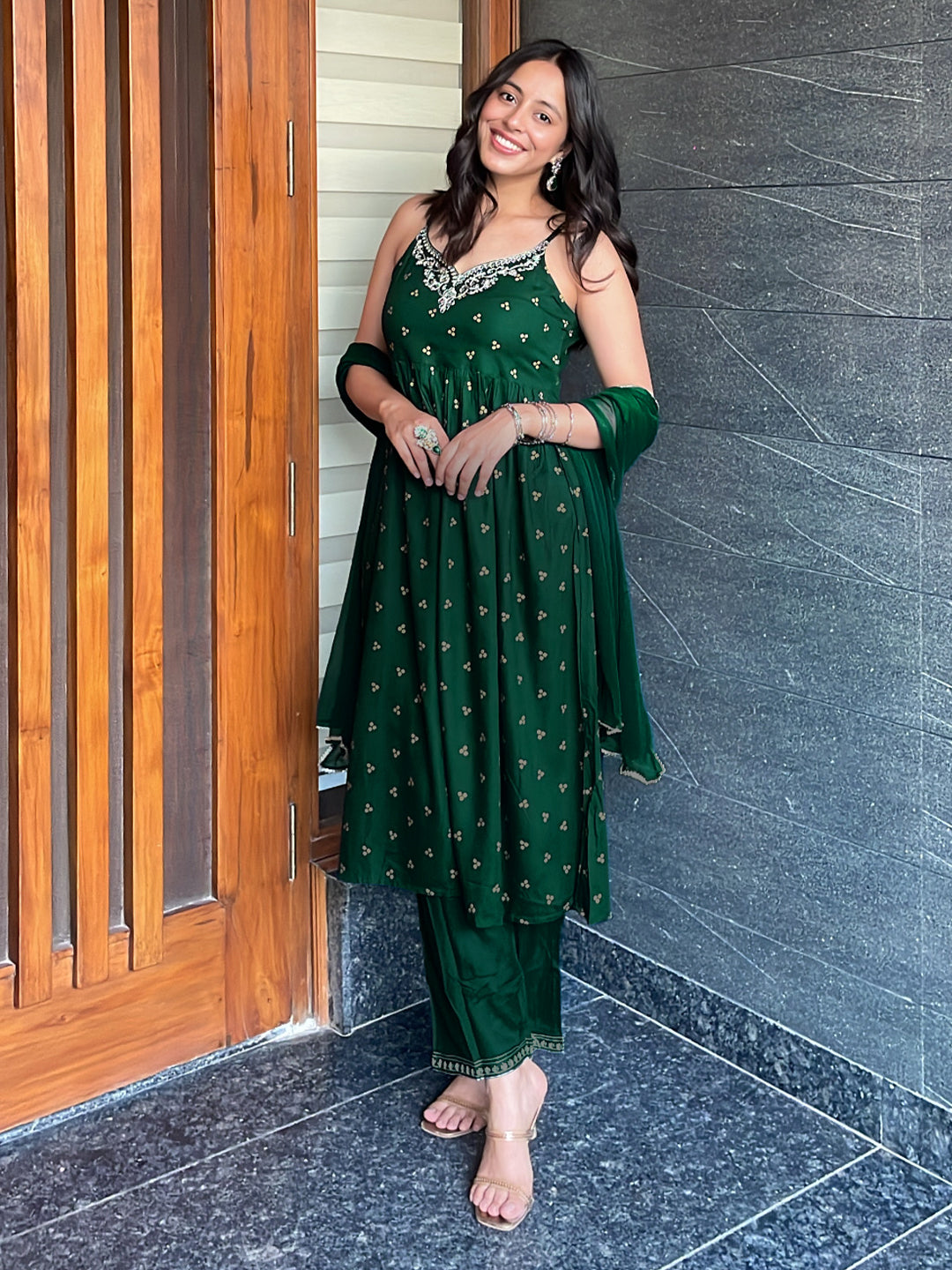 Naari By Shree Women's Dark Green Rayon Yoke Embroidered Gold Printed A-line Kurta Set