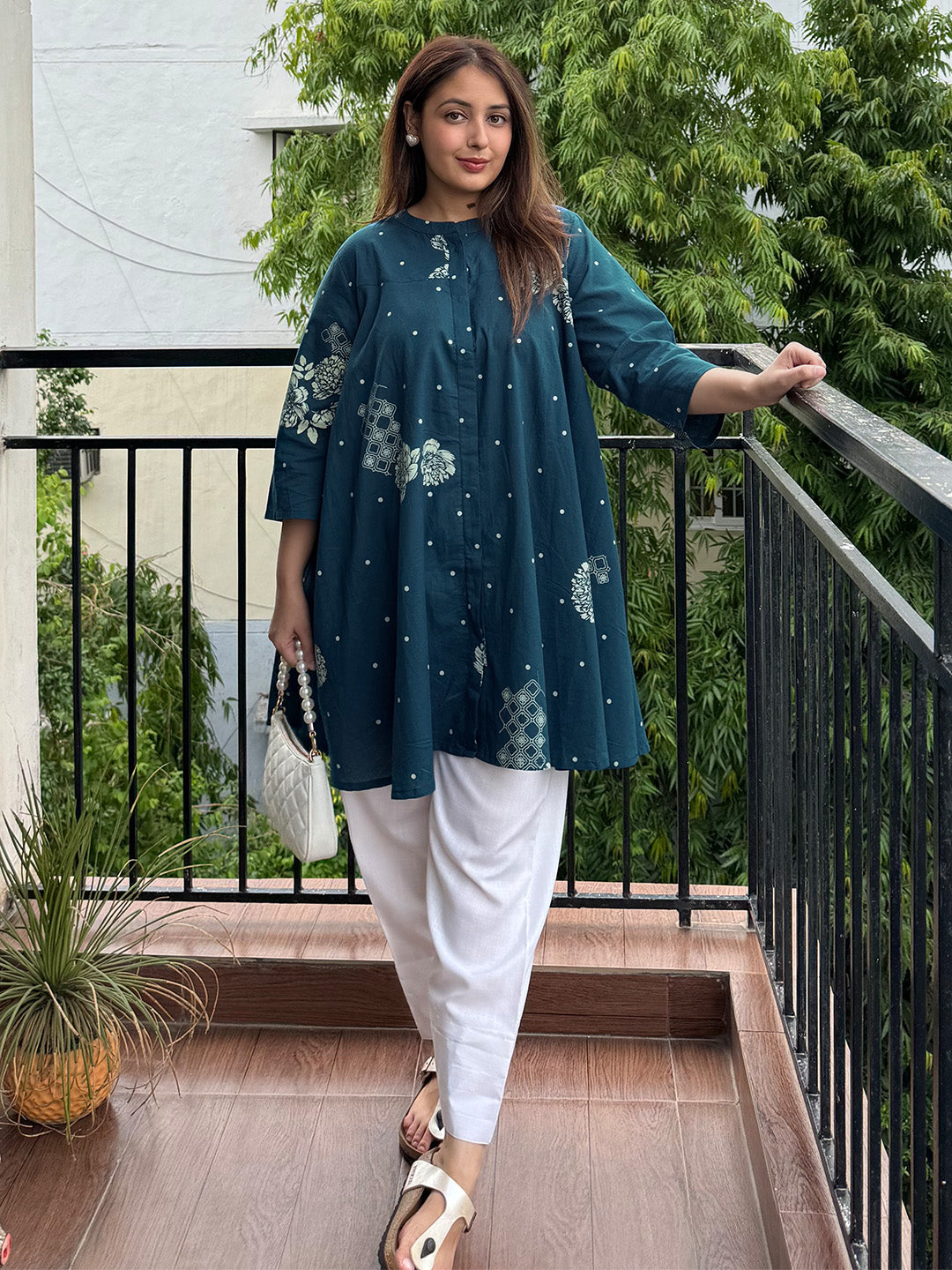 Naari By Shree Teal Blue Pure Cotton Floral Printed Flared Tunic