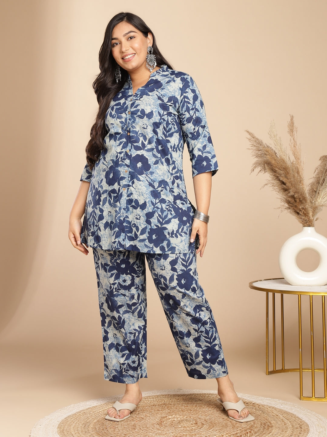 Naari By Shree Plus Size Indigo Cotton Floral A-Line Co-ord Set