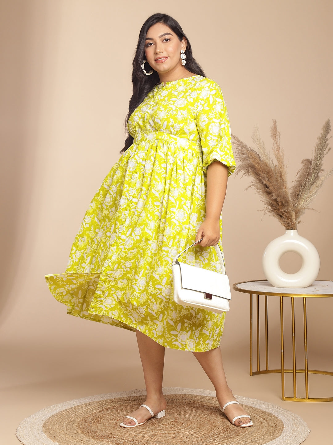 Naari By Shree Plus Size Lime Cotton Floral Gathered Dress