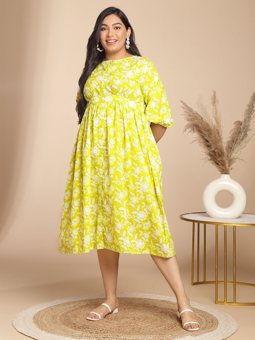 Naari By Shree Plus Size Lime Cotton Floral Gathered Dress