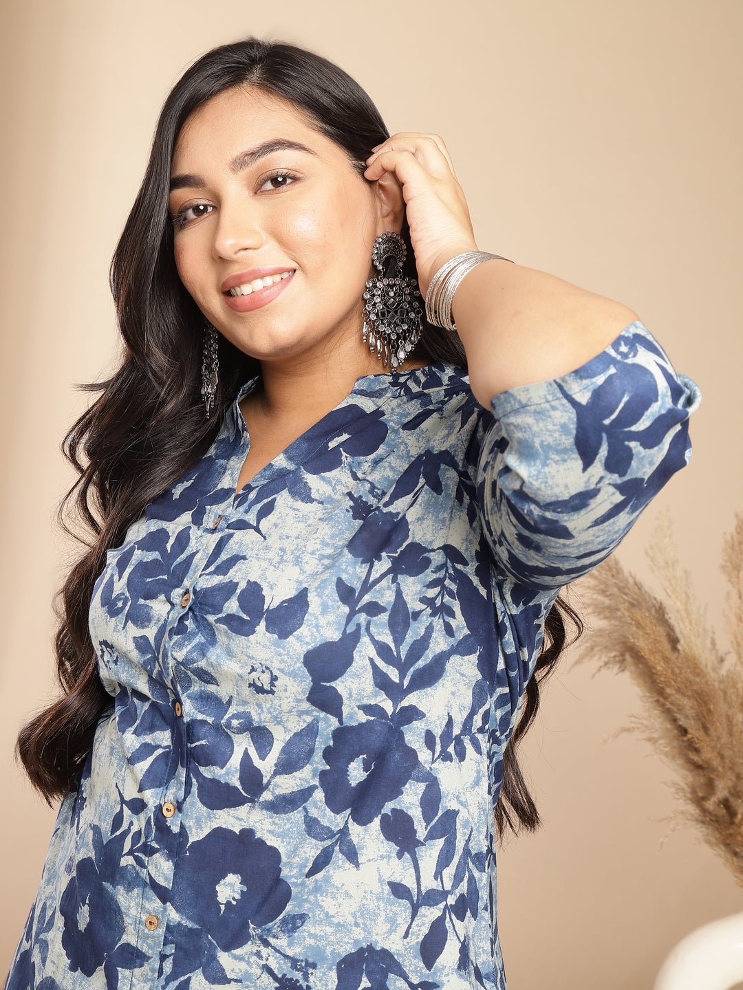 Naari By Shree Plus Size Indigo Cotton Floral A-Line Co-ord Set