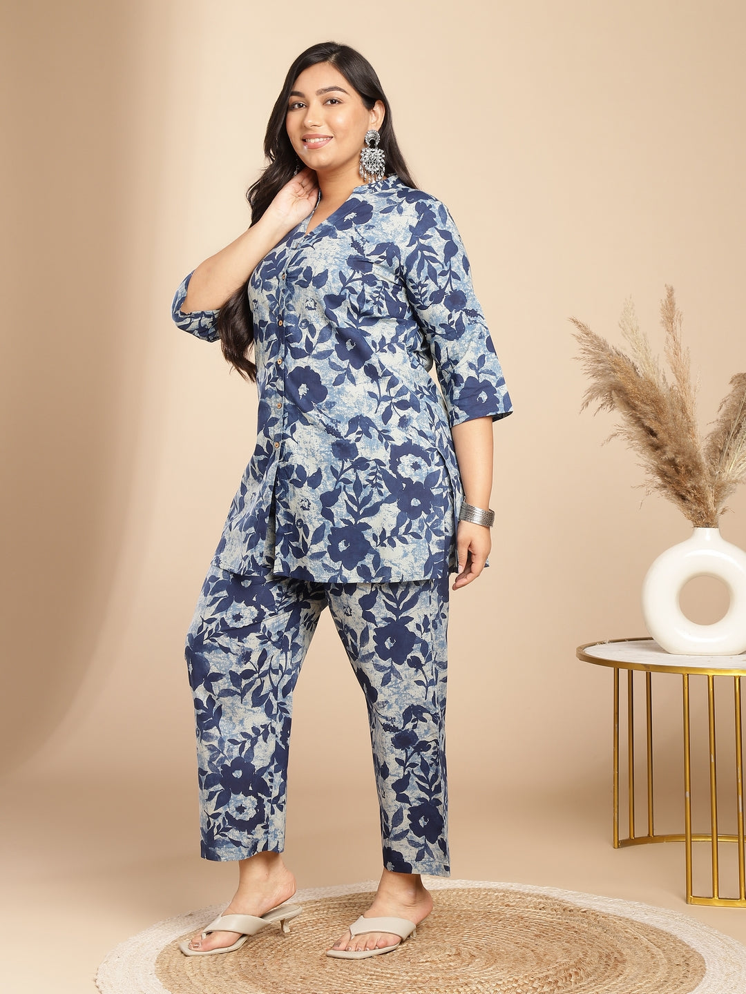 Naari By Shree Plus Size Indigo Cotton Floral A-Line Co-ord Set