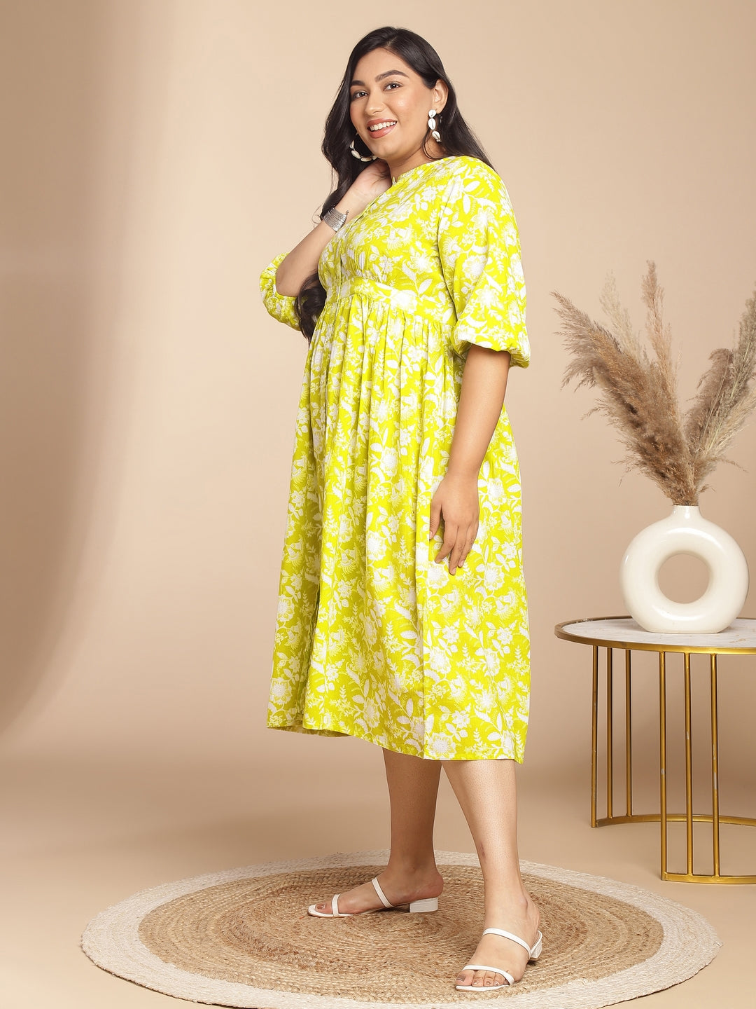 Naari By Shree Plus Size Lime Cotton Floral Gathered Dress